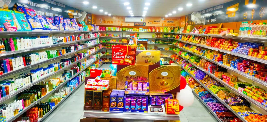 7Heven supermarket franchise store with organized grocery shelves and a wide range of daily essential products