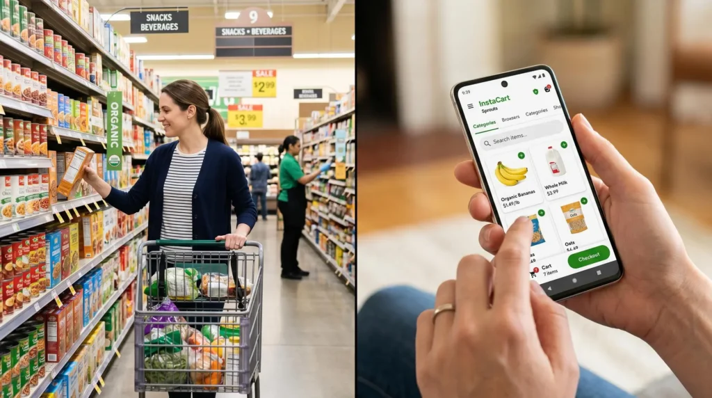 Customer shopping in a retail supermarket and ordering groceries online through a mobile app