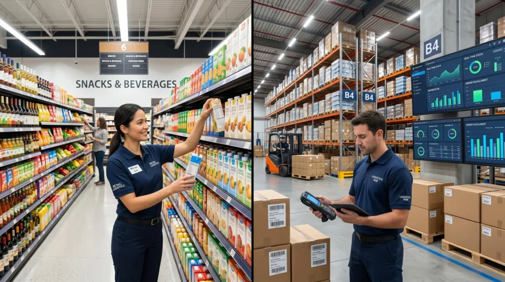 Inventory management in a retail supermarket with organized shelves, warehouse stock, and real time inventory tracking