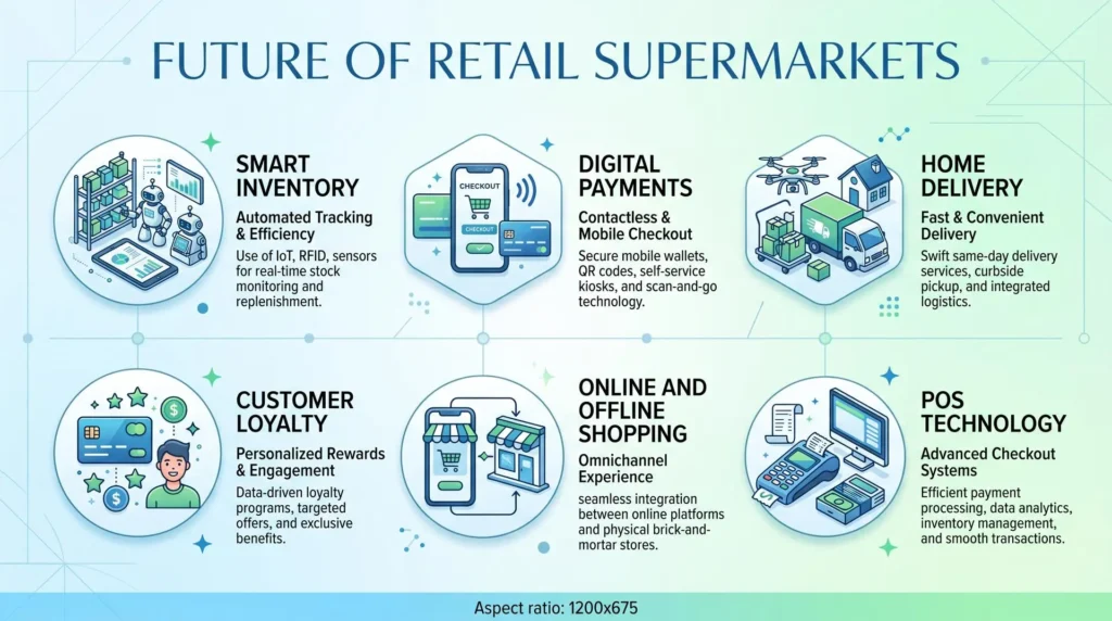 Infographic showing future retail supermarket trends including smart inventory digital payments home delivery omnichannel shopping customer loyalty and POS technology