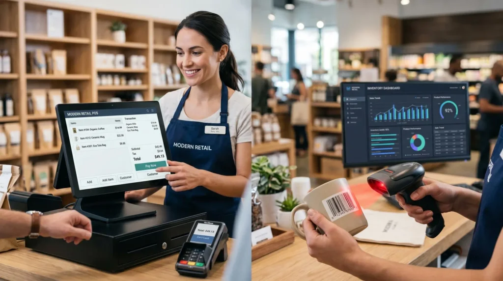 Modern supermarket technology with POS billing system, barcode scanner, and inventory management dashboard