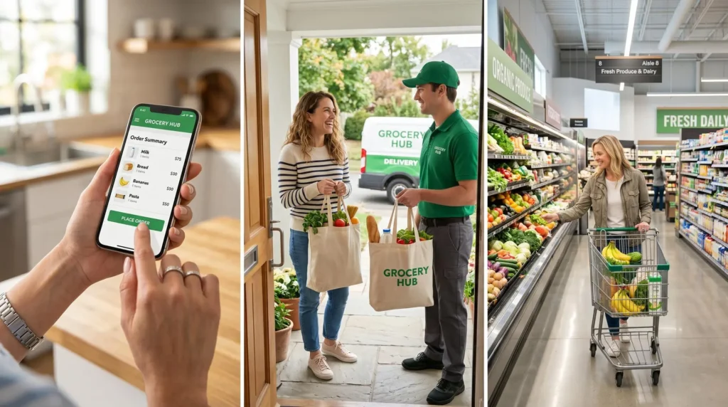 Omnichannel retail with online grocery ordering, home delivery, and in-store supermarket shopping