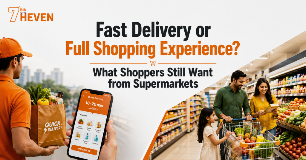 Quick commerce vs supermarket comparison showing a grocery delivery service and a family shopping in a modern supermarket, highlighting what shoppers still want from supermarkets