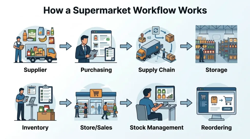 Supermarket workflow from supplier to stock management