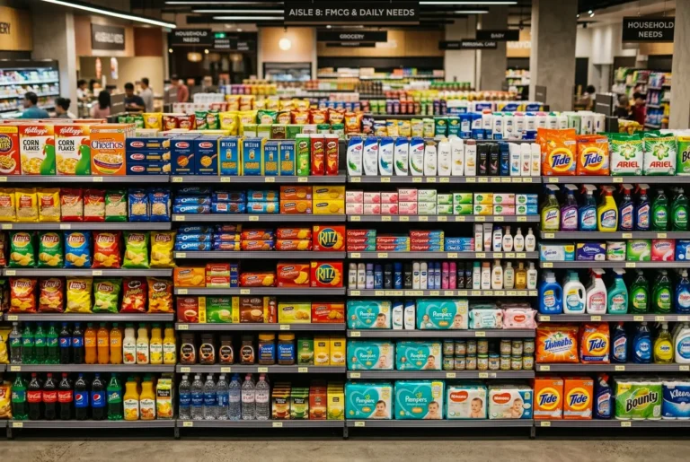 A well-stocked, organized supermarket shelf displaying various Fast-Moving Consumer Goods (FMCG) categories, including packaged foods, beverages, personal care items, household cleaning products, and baby care essentials.